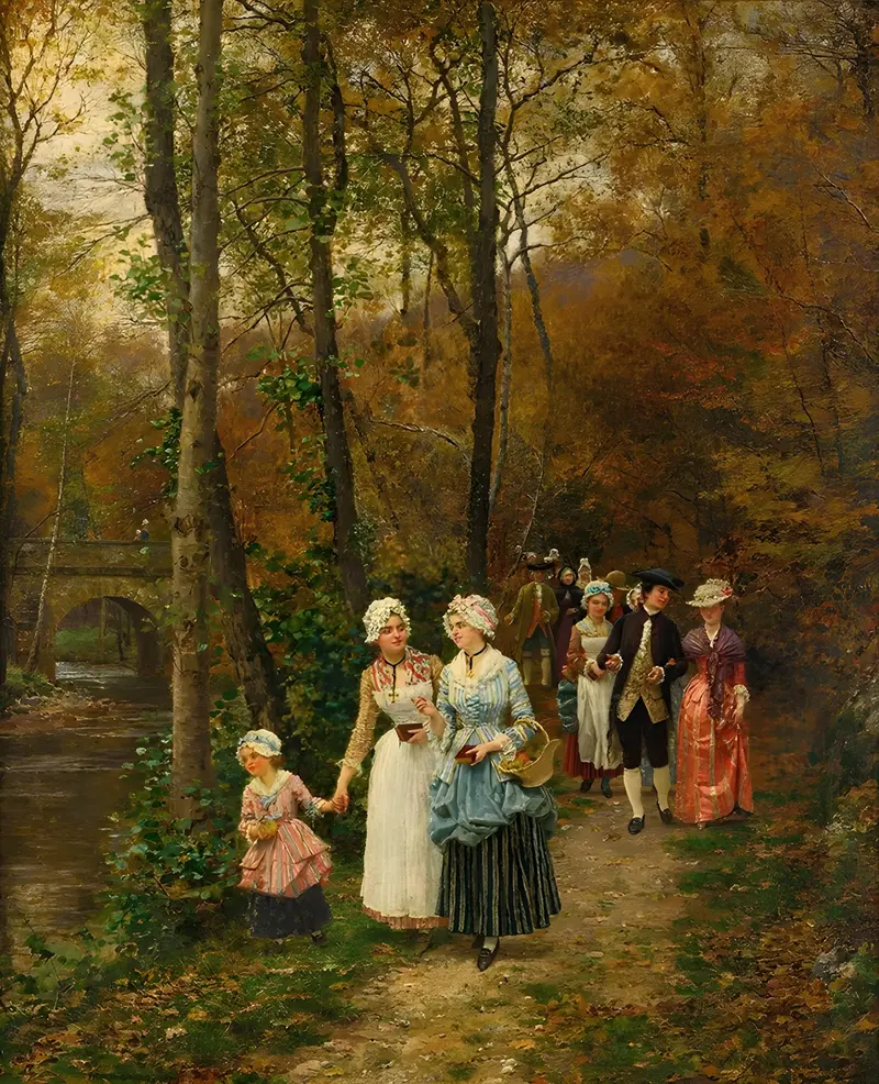 A depiction of a religious scene with figures returning from mass.