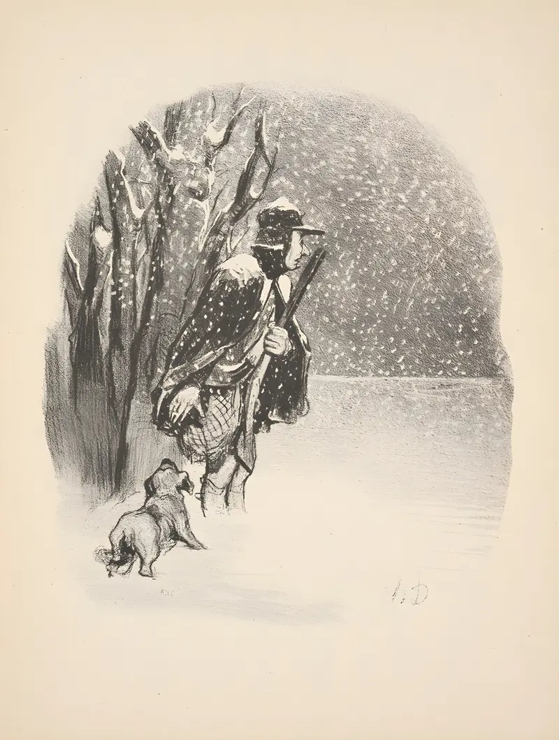 A depiction of hunting and fishing activities by Honoré Daumier.