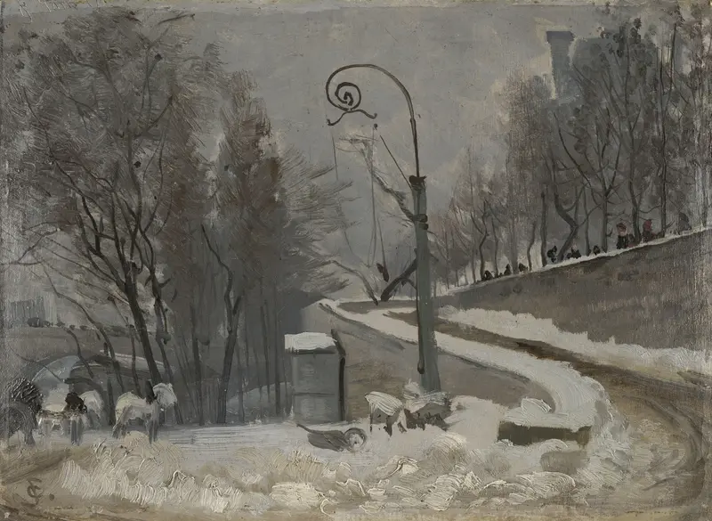Winter landscape with snow-covered rooftops by Christian Skredsvig, oil painting