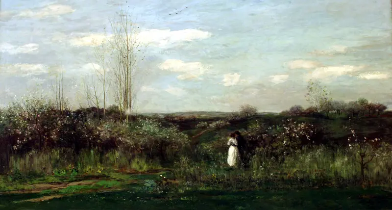 Spring Landscape by Charles François Daubigny, oil on canvas depicting rolling hills and vibrant greenery