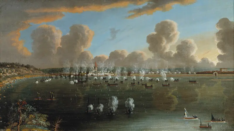 Historical oil painting by Johan Tietrich Schoultz depicting a battle with smoke and earth tones.