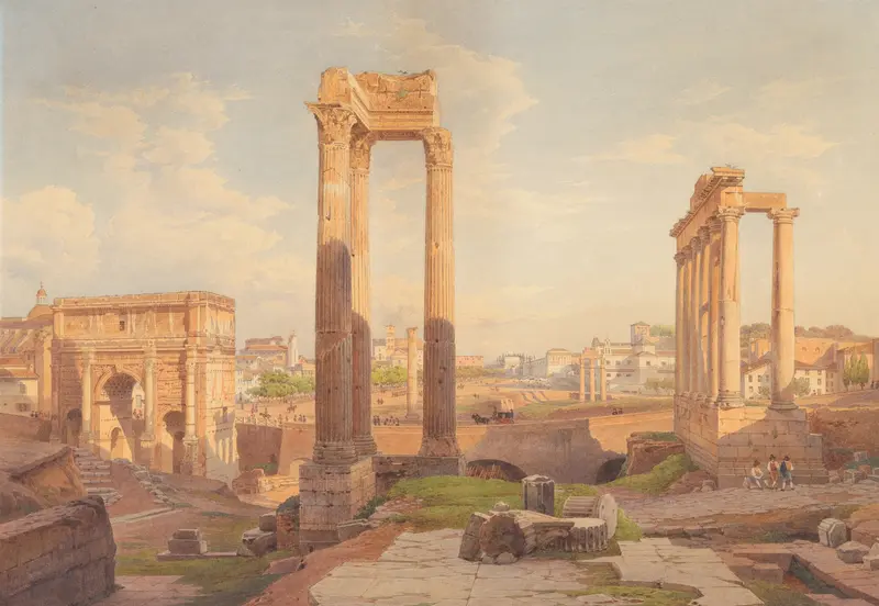 Forum Romanum by Hermann David Salomon Corrodi, oil on canvas depicting ancient ruins and light interplay.