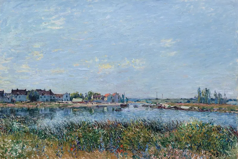 Saint-Mammès, Le Matin by Alfred Sisley, oil on canvas depicting a tranquil river at dawn.