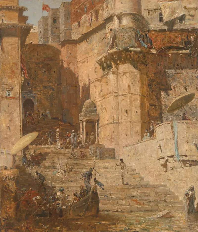 Watercolour by Marius Bauer depicting a river landscape with a temple.