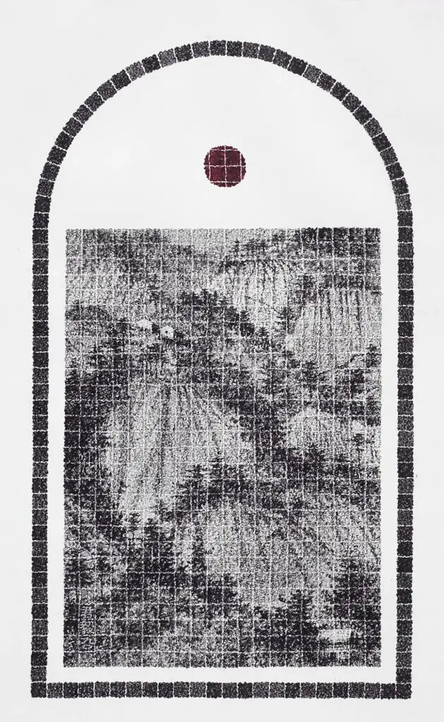 Landscape of rolling hills with trees, ink on paper by Lee Chun-Yi