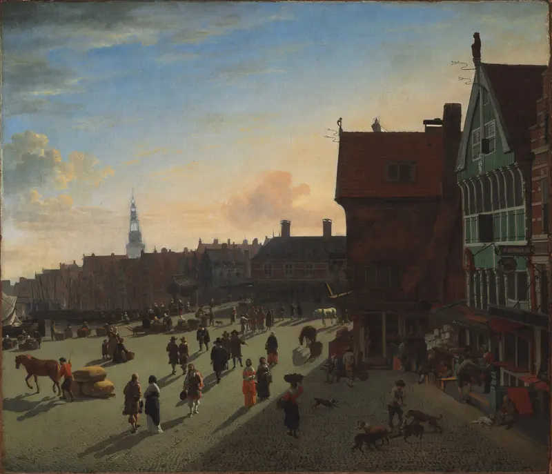A sunlit square in Amsterdam filled with townspeople, dogs, horse, gabled houses along the Damrak, and ship masts rising behind rooftops under a cloudy sky.