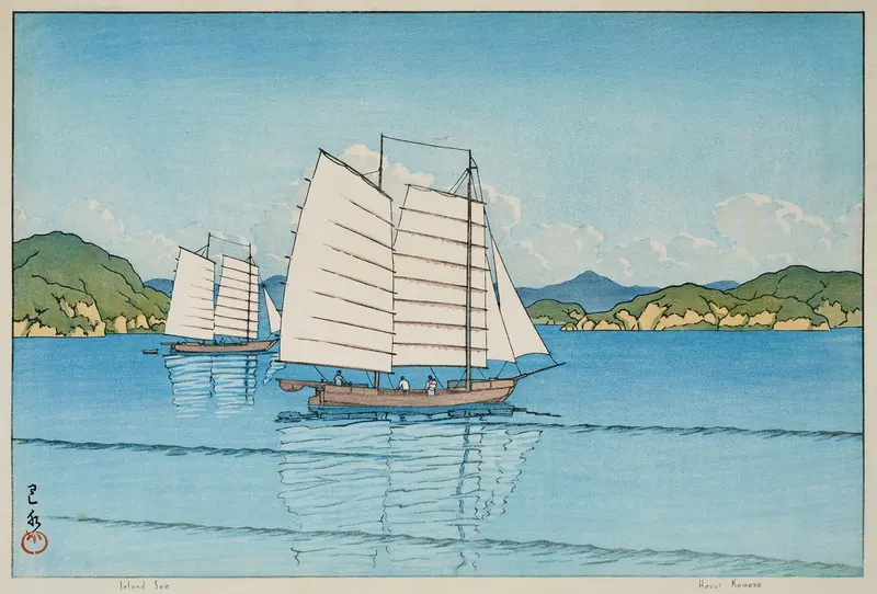 Ukiyo-e of Inland Sea by Kawase Hasui, depicting gentle waves and soft light.