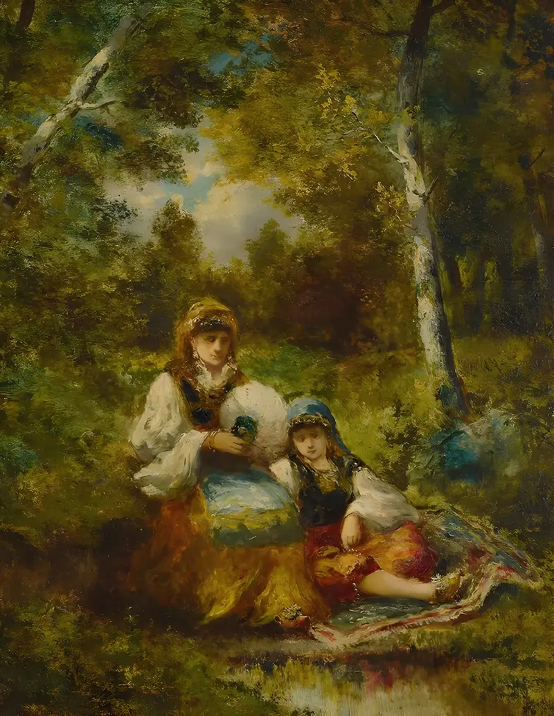 A sketch depicting gypsies resting in a forest by Narcisse-Virgile Diaz de La Peña.