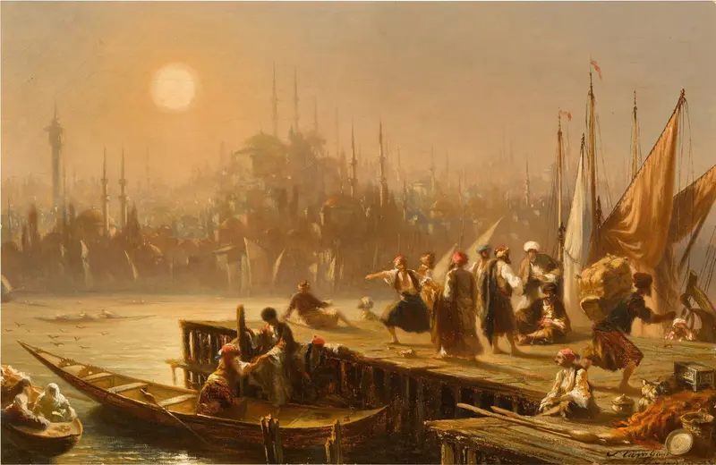 Landscape of the Bosphorus with Sultanahmet in the background, by Eugène Flandin, oil painting
