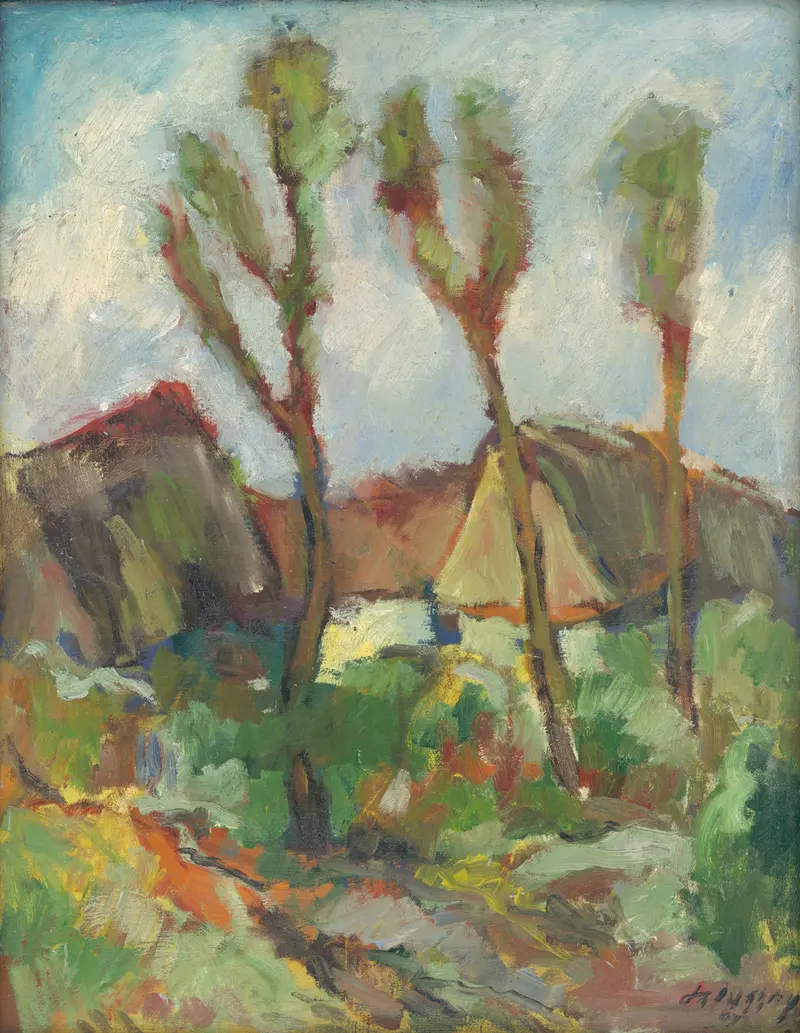 Sketch of a landscape with poplars by Zolo Palugyay, capturing vibrant nature in expressive strokes.