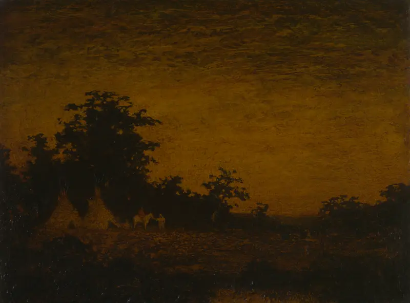 Indian Encampment by Ralph Albert Blakelock, oil on canvas depicting tents at twilight.
