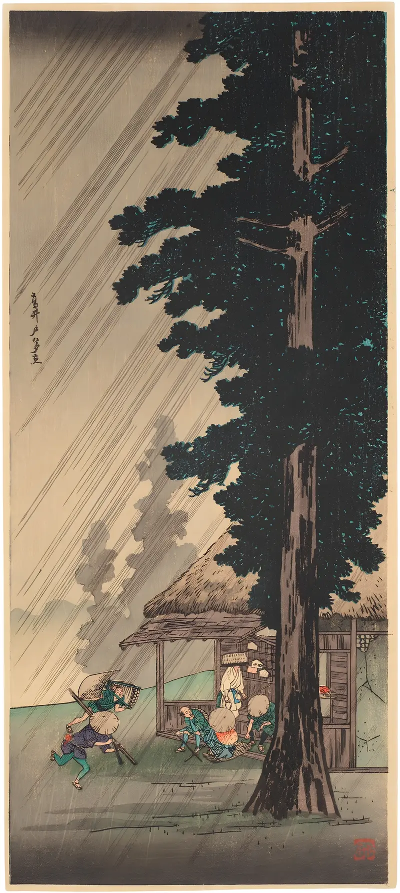 Woodblock print by Takahashi Hiroaki depicting a rain-soaked landscape at twilight.