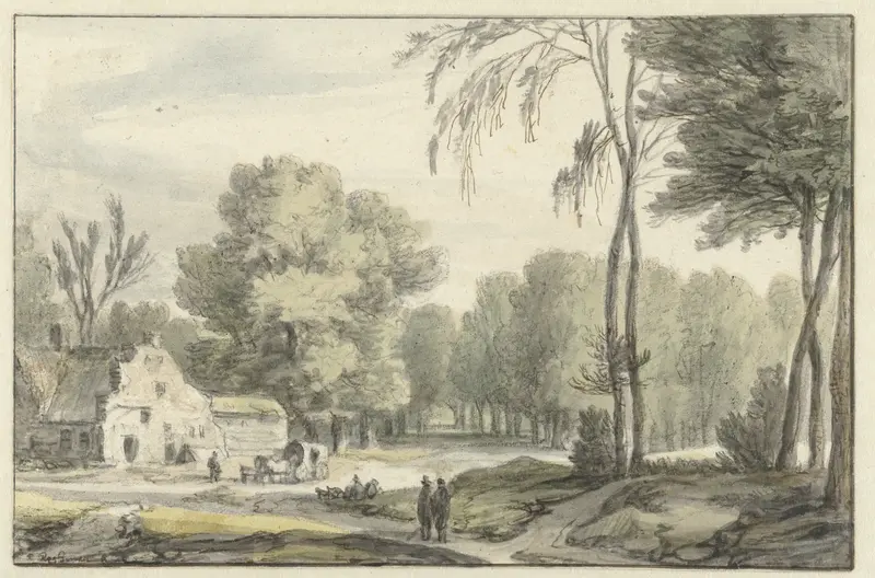 Landscape with a farmhouse and wagon by Roelant Roghman, oil on canvas