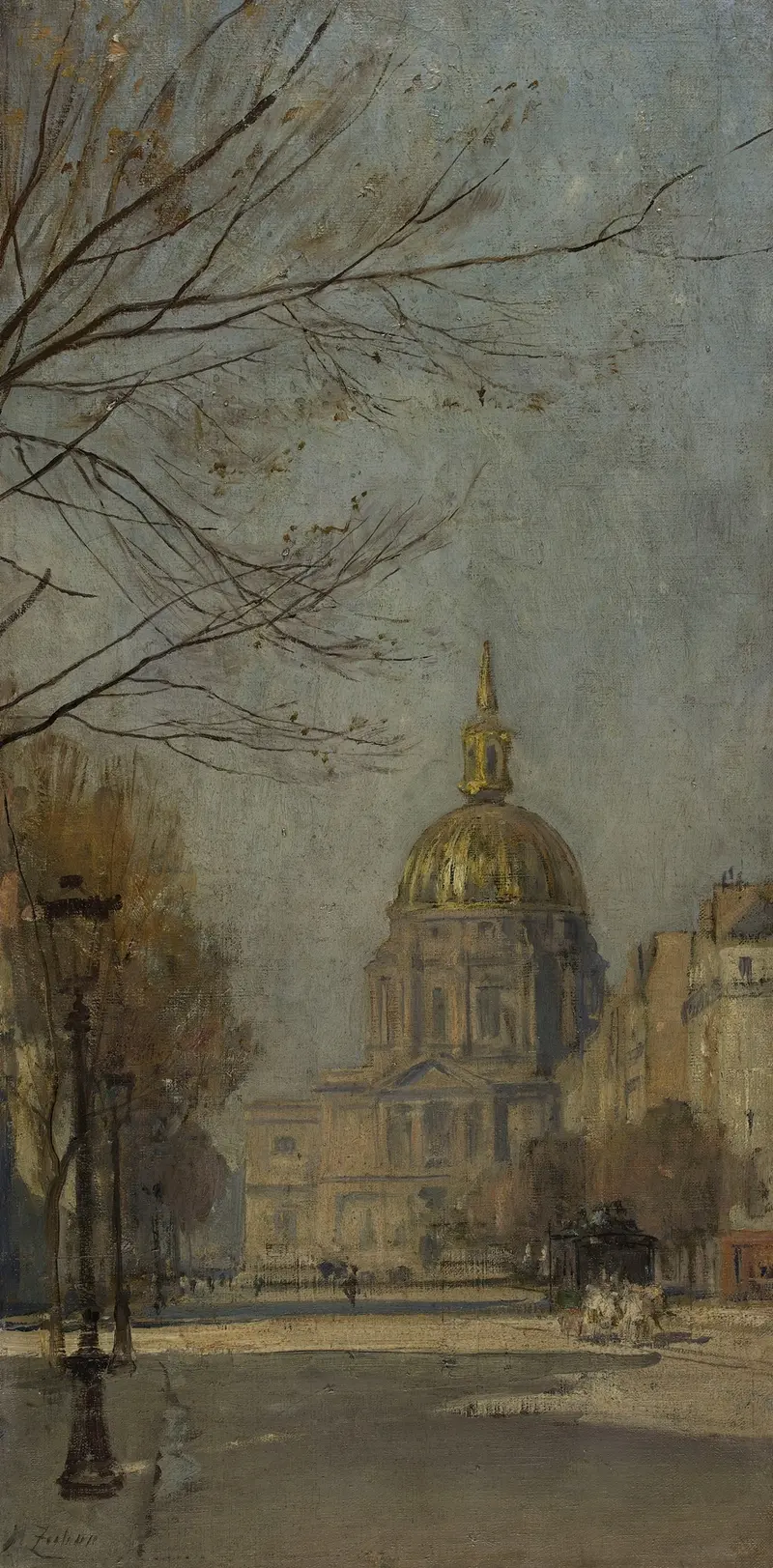 Boulevard des Invalides, oil on canvas by Henri Zuber, depicting trees and crumbling architecture.