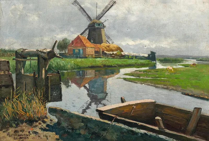 Impressionist oil painting by Ferdinand Brunner depicting a windmill by a stream.
