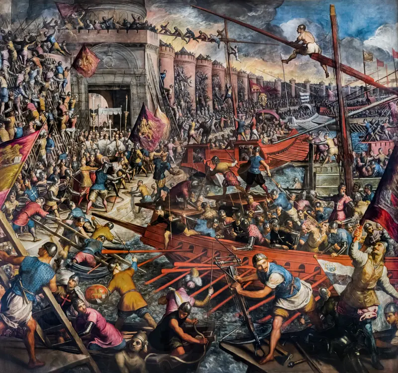 Tintoretto's painting depicts the fall of Constantinople in 1453 with dramatic intensity.