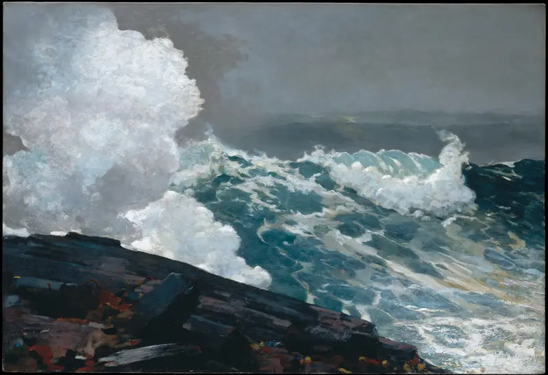 Northeaster by Winslow Homer, oil painting of a stormy sea with dark clouds.