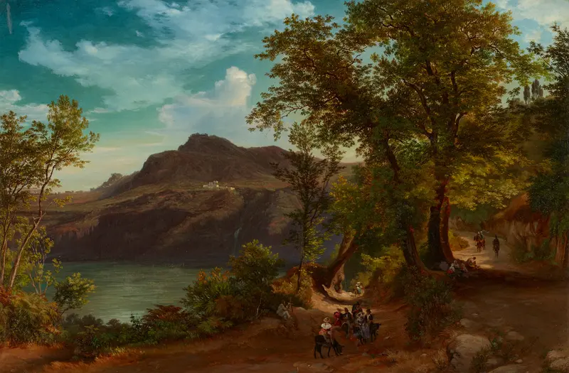 Landscape with golden light over rolling hills, oil painting by Friedrich Loos