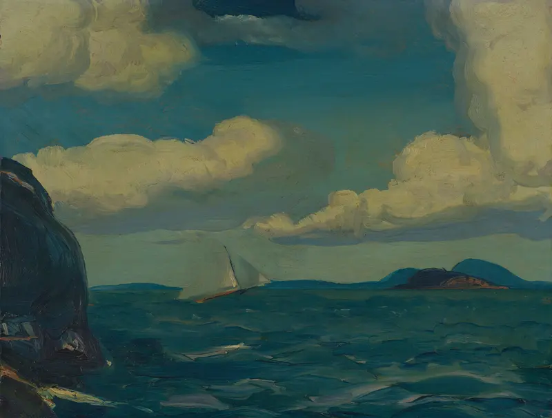 A Fresh Breeze by George Wesley Bellows, oil on canvas, depicts a woman with flowing hair in motion.