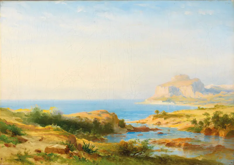 Seelandschaft Cefalù, Sicily by Carl Morgenstern, oil on canvas depicting serene waters and sunset