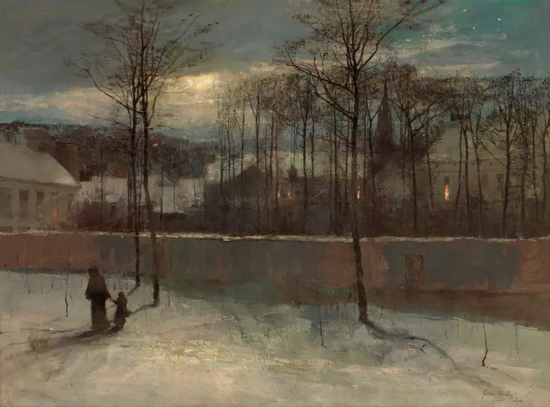 Evening by Gustave Den Duyts, oil on canvas depicting a twilight landscape.