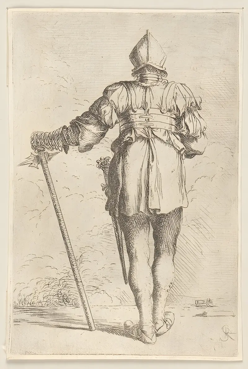 A soldier stands with his back to the viewer, wearing a helmet and holding a cane.