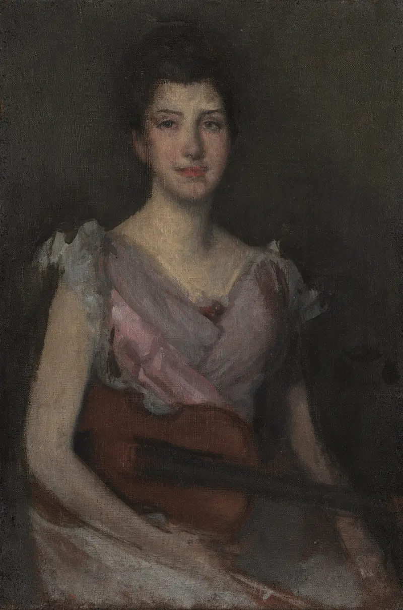 A woman gazes at the viewer while holding a violin, her dress softly rendered in muted tones.
