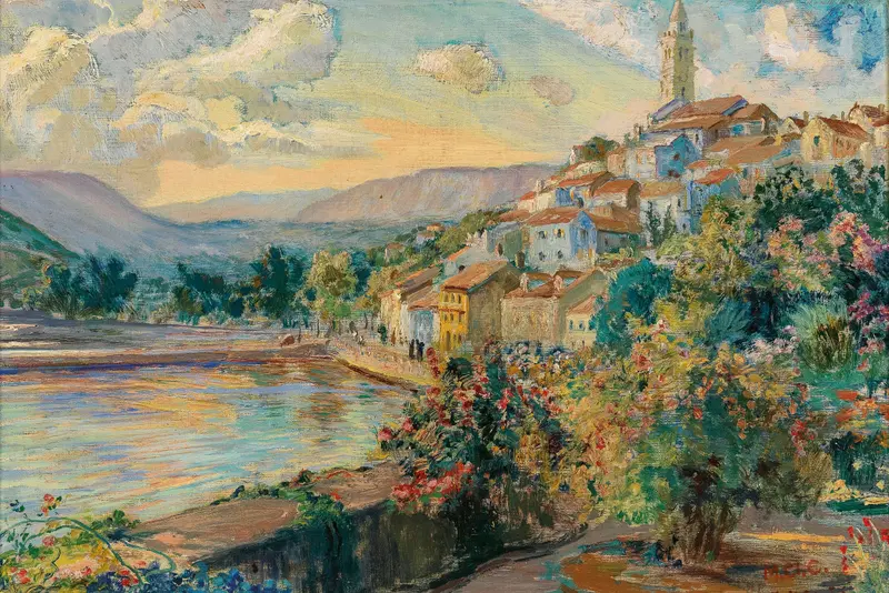 Landscape of a coastal town with azure sky and golden light by Menci Clement Crnčić, oil painting
