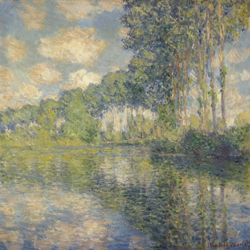 A row of tall poplar trees along the right edge reflected in the calm river Epte under a pale blue sky with sunlit clouds.