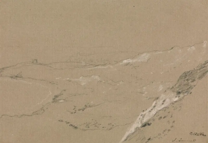 A bustling scene of Folkestone's shoreline with townsfolk and fishermen against chalk cliffs.