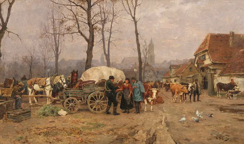 Autumn landscape oil painting by Karl Stuhlmüller featuring a market scene with cattle.