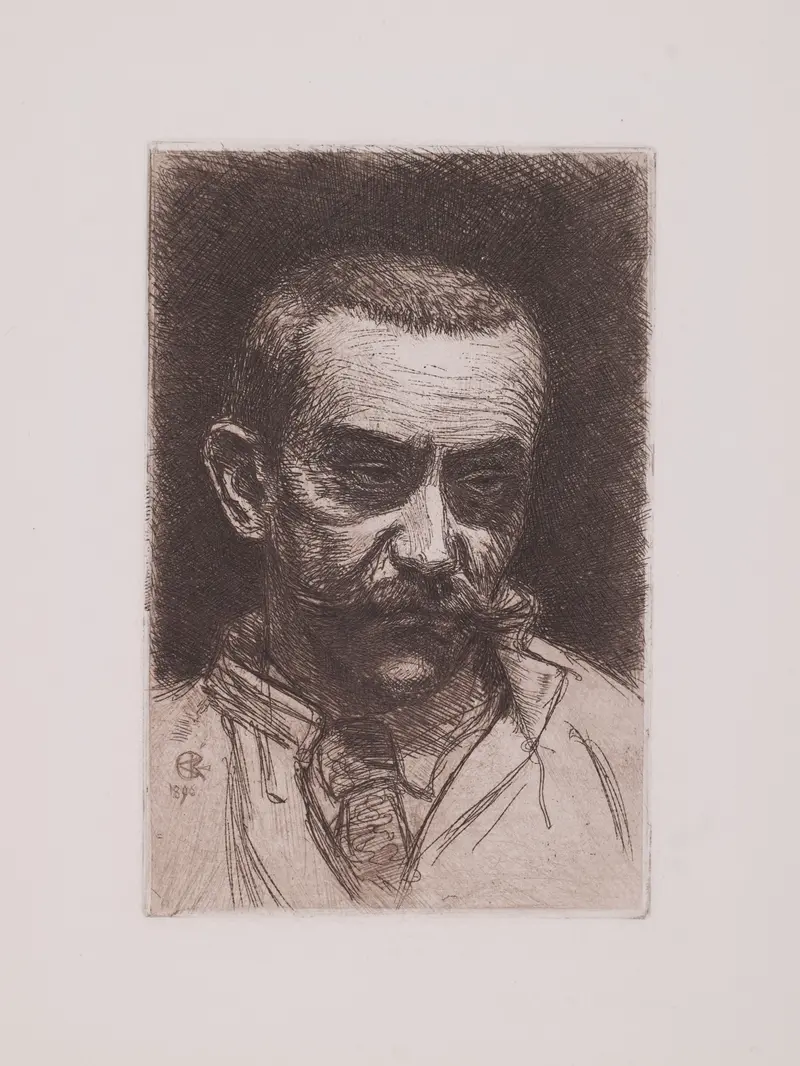 A portrait of a man with a furrowed brow and heavy mustache, gazing inward amidst dark shadows.
