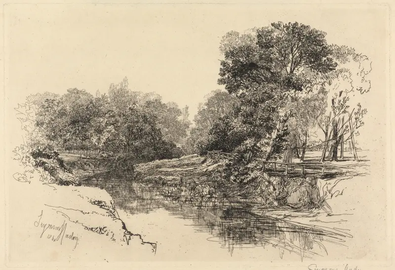 A River in Ireland by Francis Seymour Haden, oil painting of a tranquil river landscape.