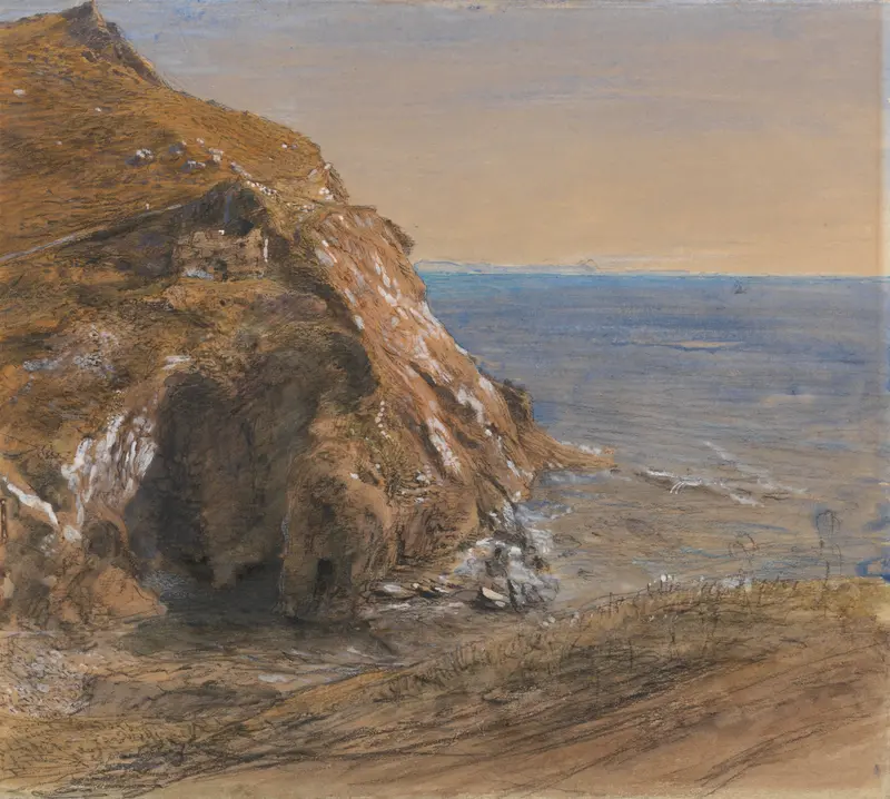 The Rock Slip near Boscastle by Samuel Palmer, oil painting depicting cliffs and vibrant landscape.