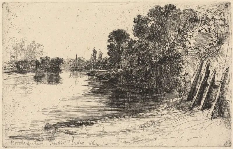 Engraving by Francis Seymour Haden depicting a ferry gliding across a river