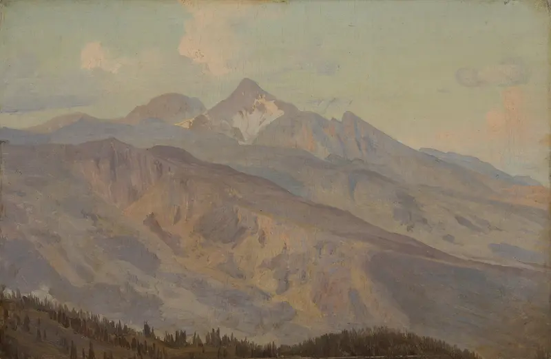 Landscape of mountains and meadows in oil painting by Johann Wilhelm Schirmer