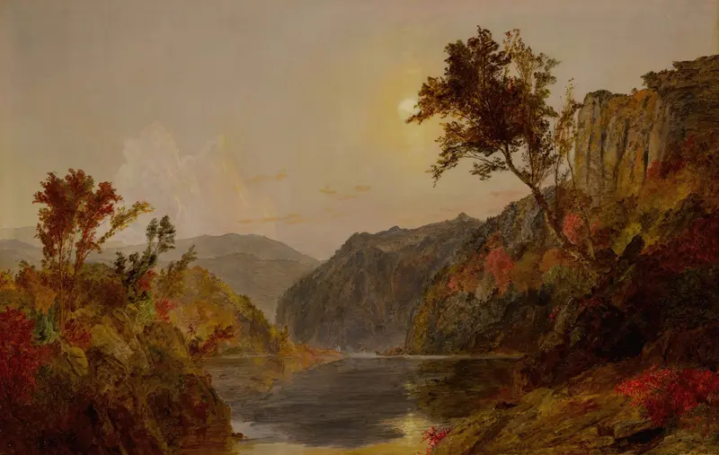 Hudson River Landscape by Jasper Francis Cropsey, oil on canvas depicting a tranquil river at dusk.