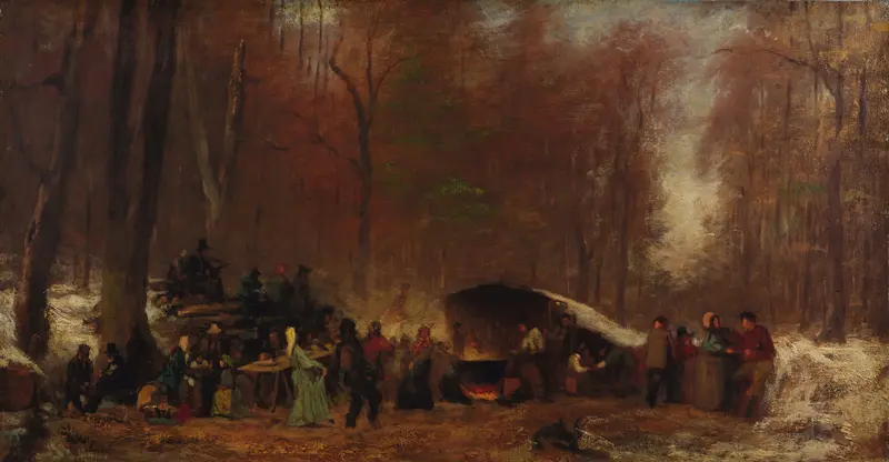 A Different Sugaring Off by Eastman Johnson, oil on canvas showing figures gathering sap.