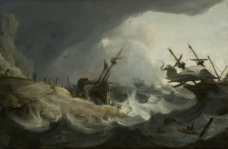 Shipwreck during the storm, oil painting by Follower of Ludolf Backhuysen, depicting tumultuous waves and dark clouds.