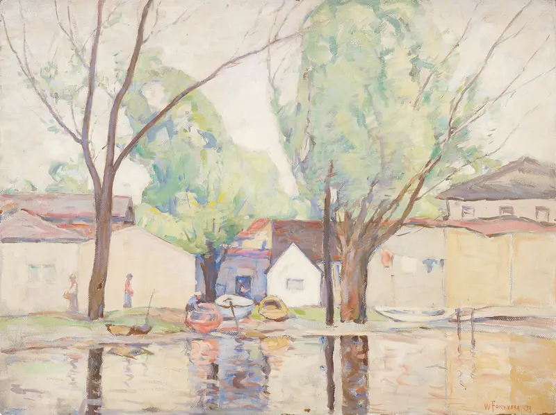 Waterside by William J. Forsyth, oil on canvas depicting a tranquil landscape with water and sunset.