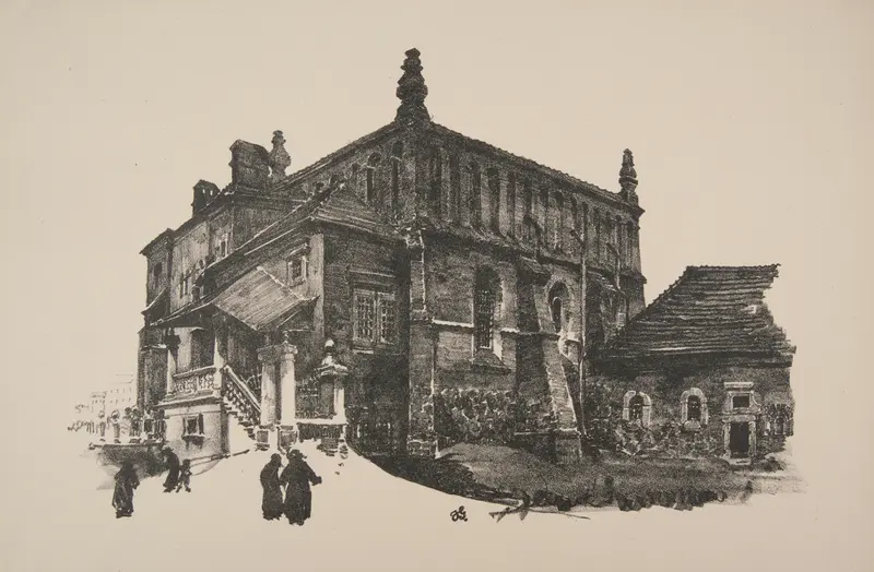 Stara synagoga na Kazimierzu by Jan Kanty Gumowski, oil on canvas depicting an architectural structure with historical significance.