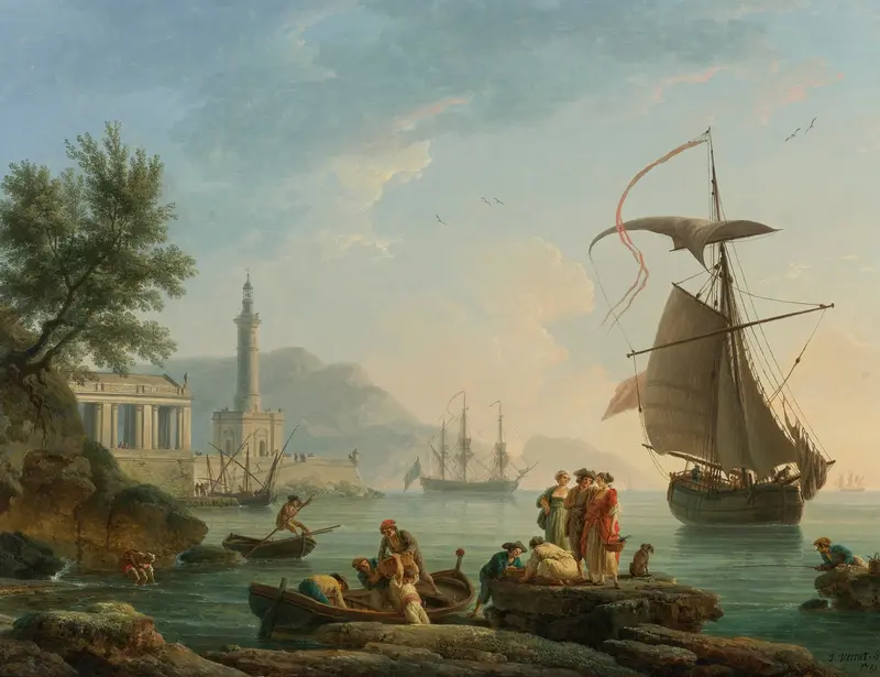 A Mediterranean harbor at sunset with fishermen, a lighthouse, and a ship, oil painting by Claude-Joseph Vernet.