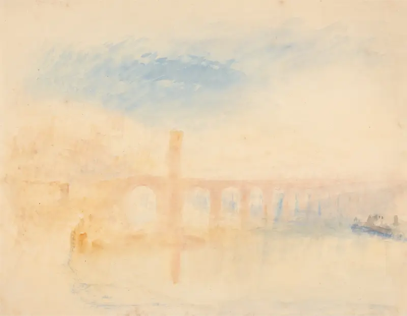 The Moselle Bridge, Coblenz by Joseph Mallord William Turner, oil painting depicting a river landscape.