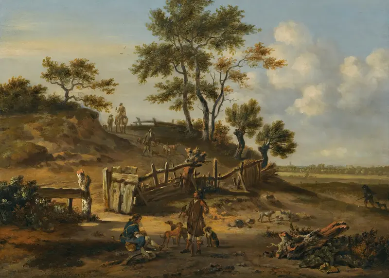 A dune landscape with falconers, oil on canvas by Jan Wijnants