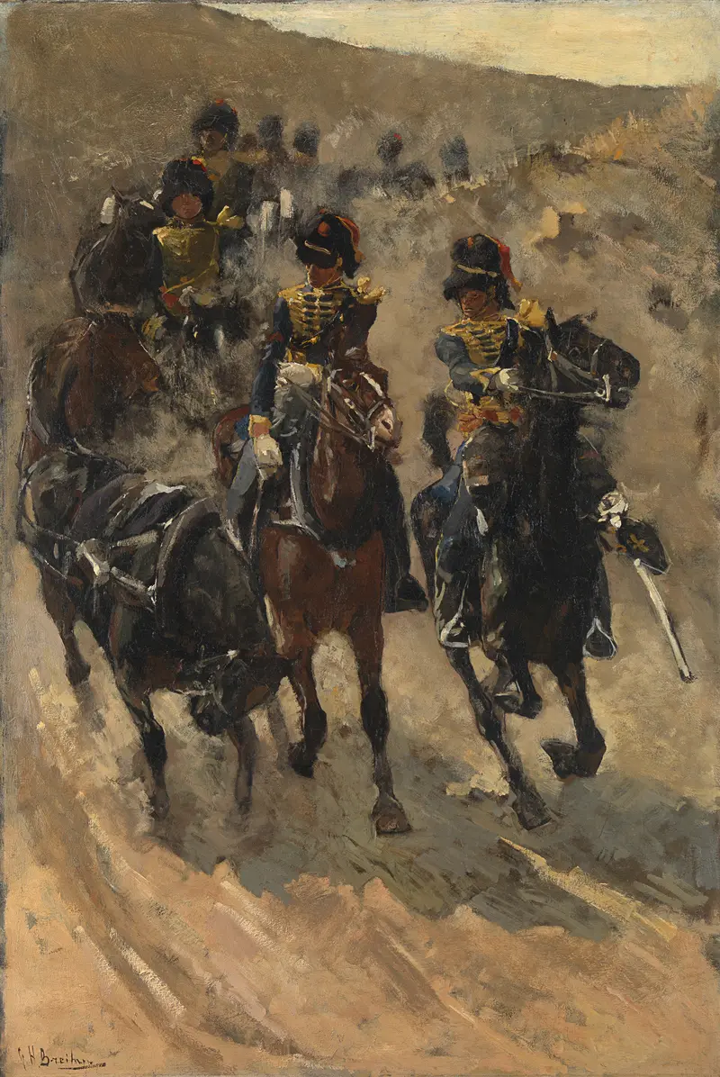 The Yellow Riders by George Hendrik Breitner, oil on canvas depicting military horsemen galloping across dunes