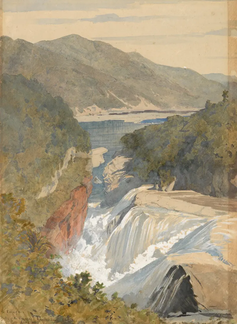 Waterfall cascading over rocks in Te Reinga, Falls of the Wairoa by James Crowe Richmond, oil painting