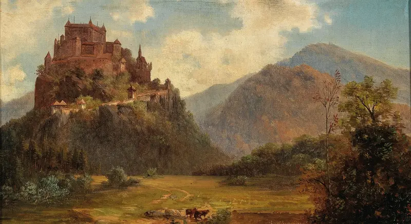 Landscape oil painting by Adolf Obermüllner featuring Burg Hochosterwitz and rolling hills.