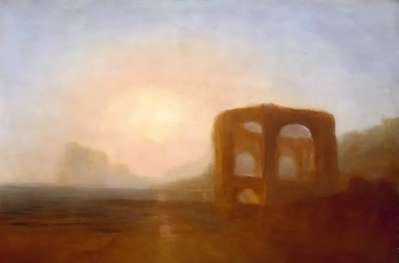 A dramatic seascape depicting ancient ruins along the Bay of Baiae.