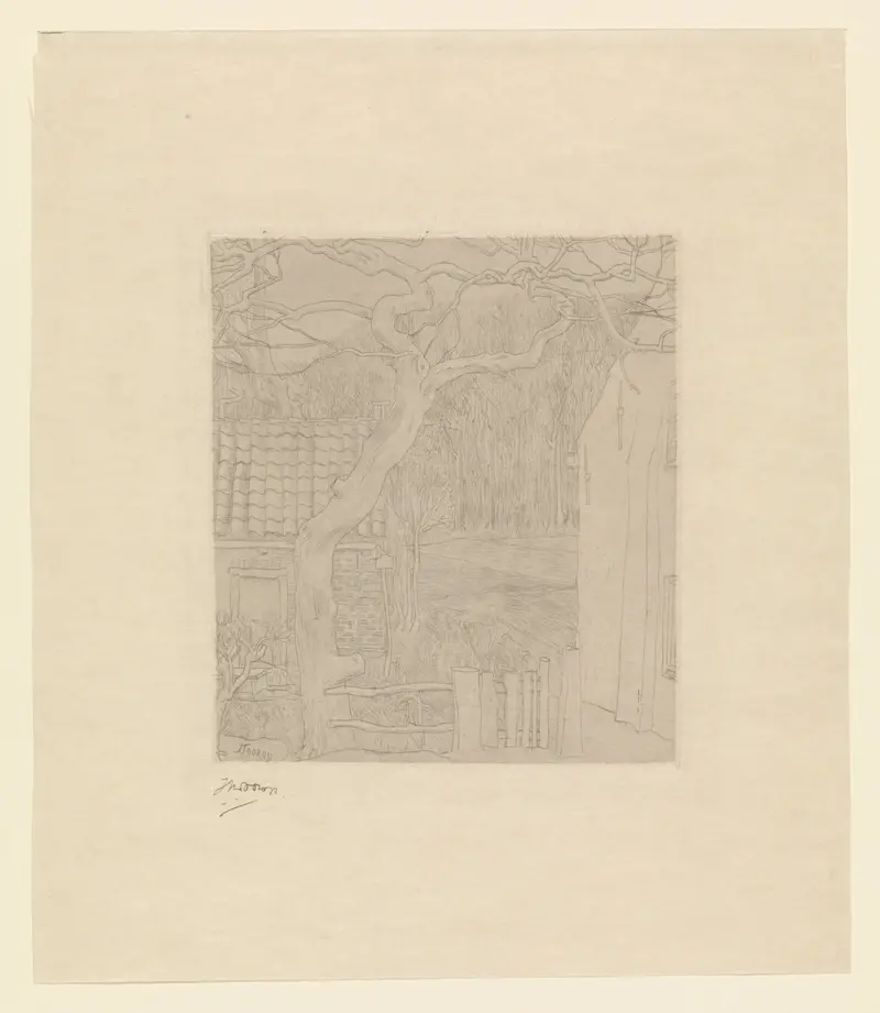 A landscape painting by Jan Toorop featuring two houses by a forest edge.