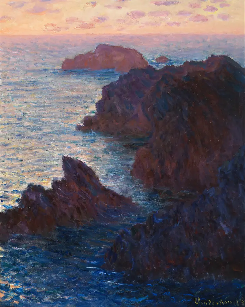 Jagged cliffs in deep purples and blues jut into the sea with shimmering water and a luminous sky filled with soft pink clouds.